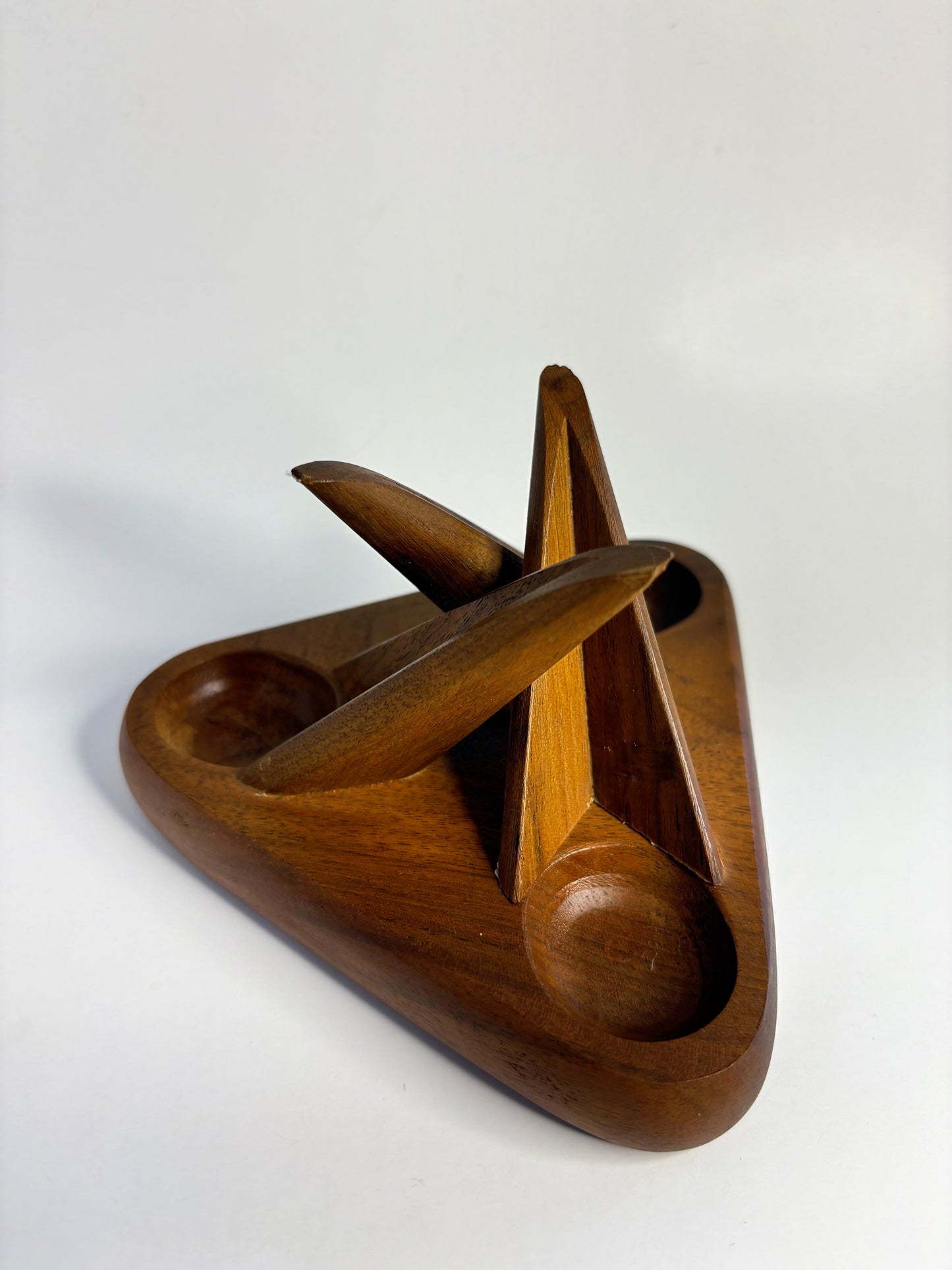 Mid-Century Modern Walnut Triangular 3-Pipe Stand