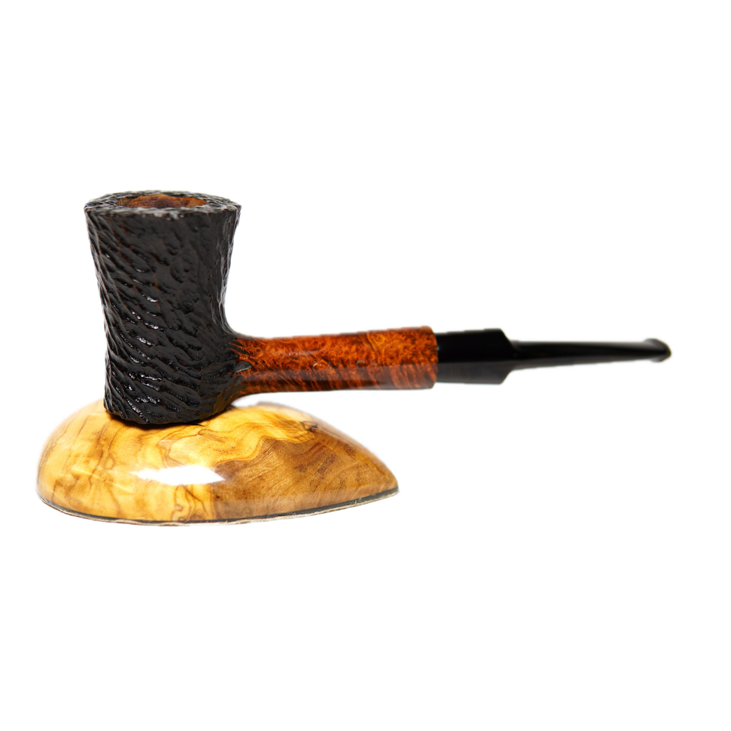 Wooden smoking pipe with a decorative bowl on a white background