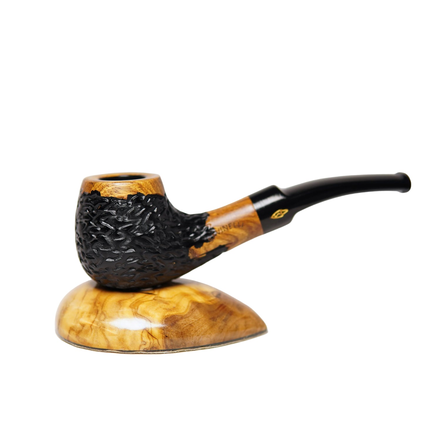 Wooden smoking pipe with black stem on a white background