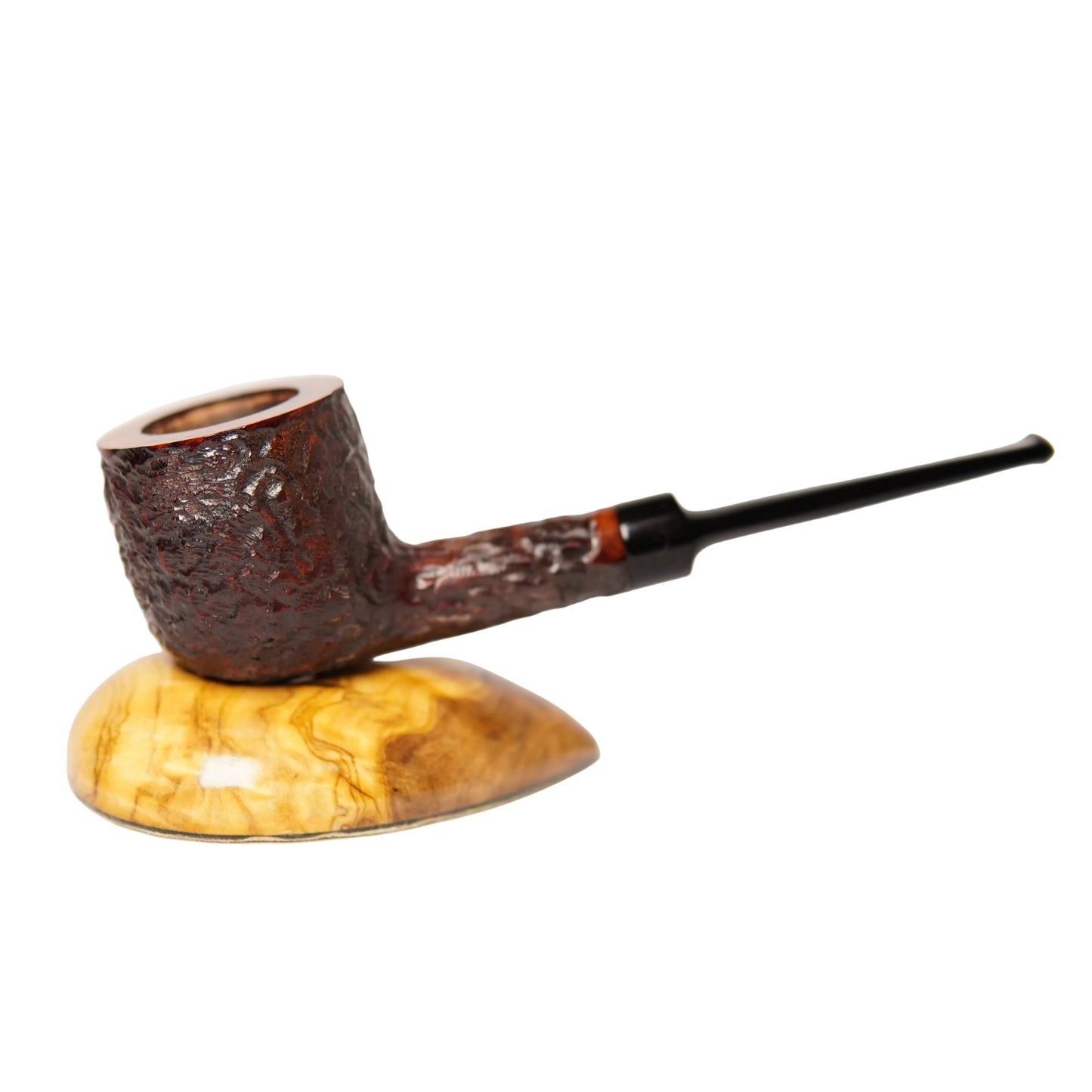 Wooden smoking pipe on a wooden stand with a white background