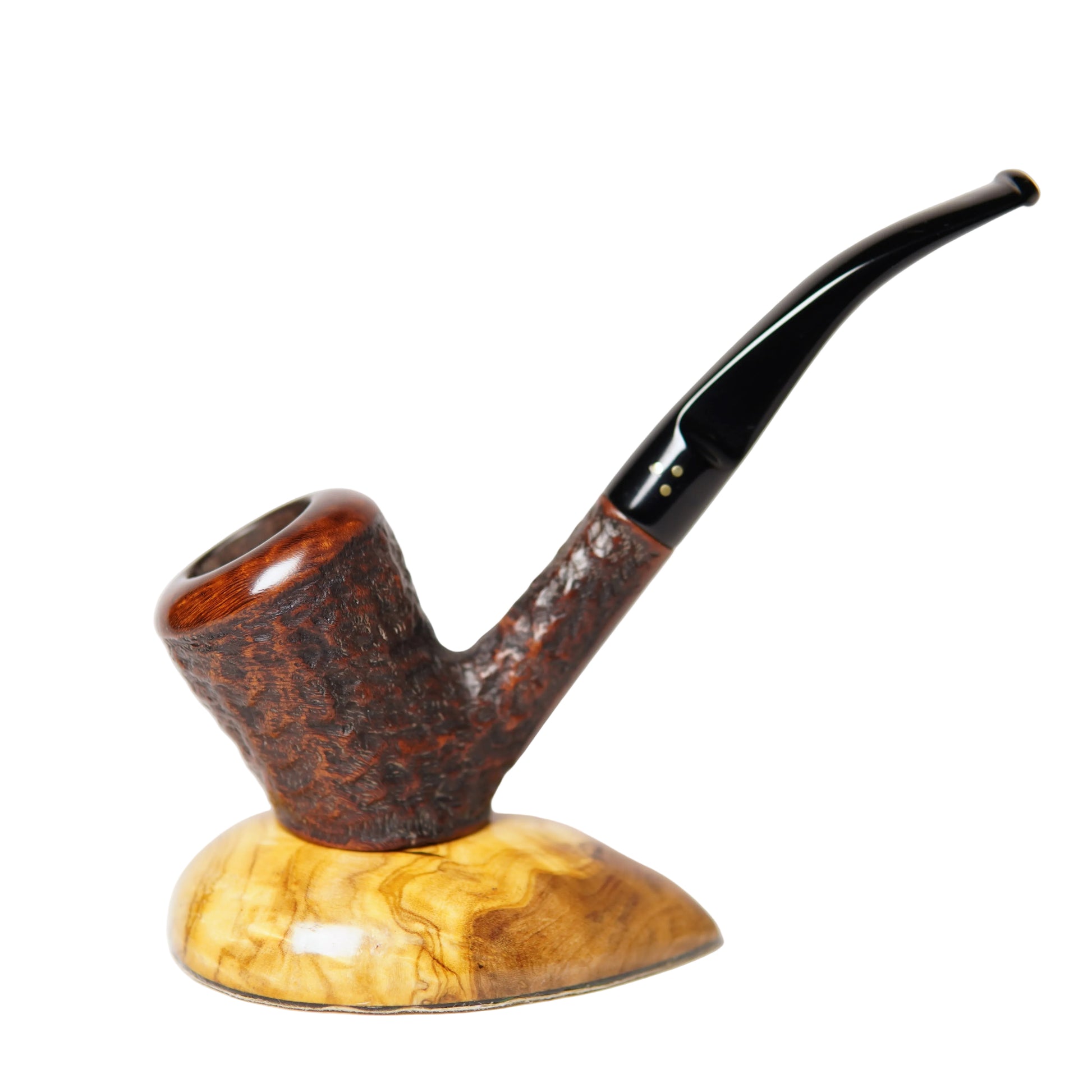 Wooden smoking pipe with a black stem on a white background