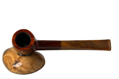 A handcrafted wooden smoking pipe with a polished, bulb-shaped bowl and a long, slender stem, displayed on a neutral gray background.