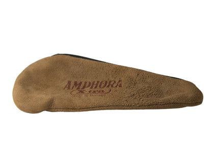 A tan suede or nubuck car cover with the brand name 'AMPHORA' and 'Carry on Motion' printed in dark red on the side, photographed on a neutral light gray background.