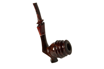A glossy dark brown wooden smoking pipe with a curved stem and ribbed bowl, displayed on a neutral light gray background.