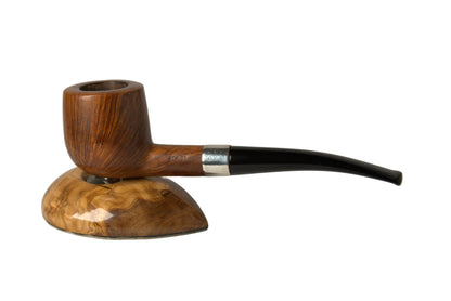 A smoking pipe with a rich brown wood bowl and a dark black stem, resting on a matching polished wooden display stand against a neutral gray background.