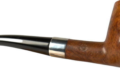 A hand holding a smoking pipe with a polished brown wood bowl and black curved stem, with a matching wooden stand below on a light gray background.