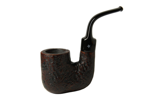 A classic smoking pipe with a dark, heavily textured brown and black carved body and a glossy black curved stem, photographed on a neutral gray background.