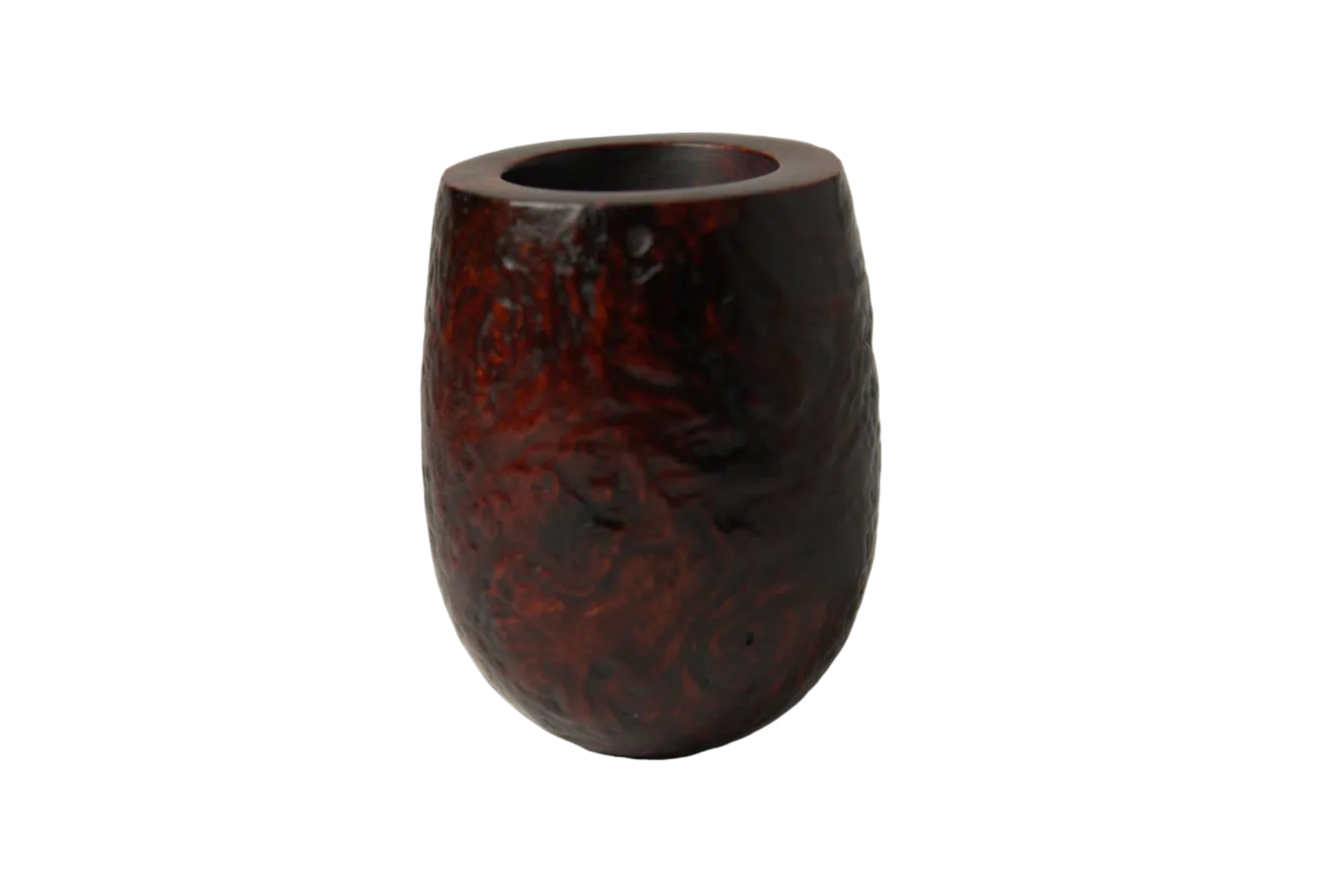 A small carved wooden cup or vase with a dark reddish-brown finish and visible wood grain patterns, photographed on a neutral light gray background.