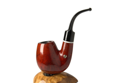 A glossy reddish-brown smoking pipe with a curved black stem, displayed on a small wooden stand against a light gray studio background.