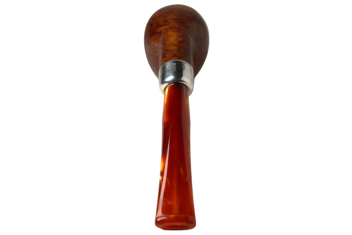 A smoking pipe with a polished brown wooden bowl, a silver metal band, and a curved translucent reddish-brown handle, shown on a neutral light gray background.