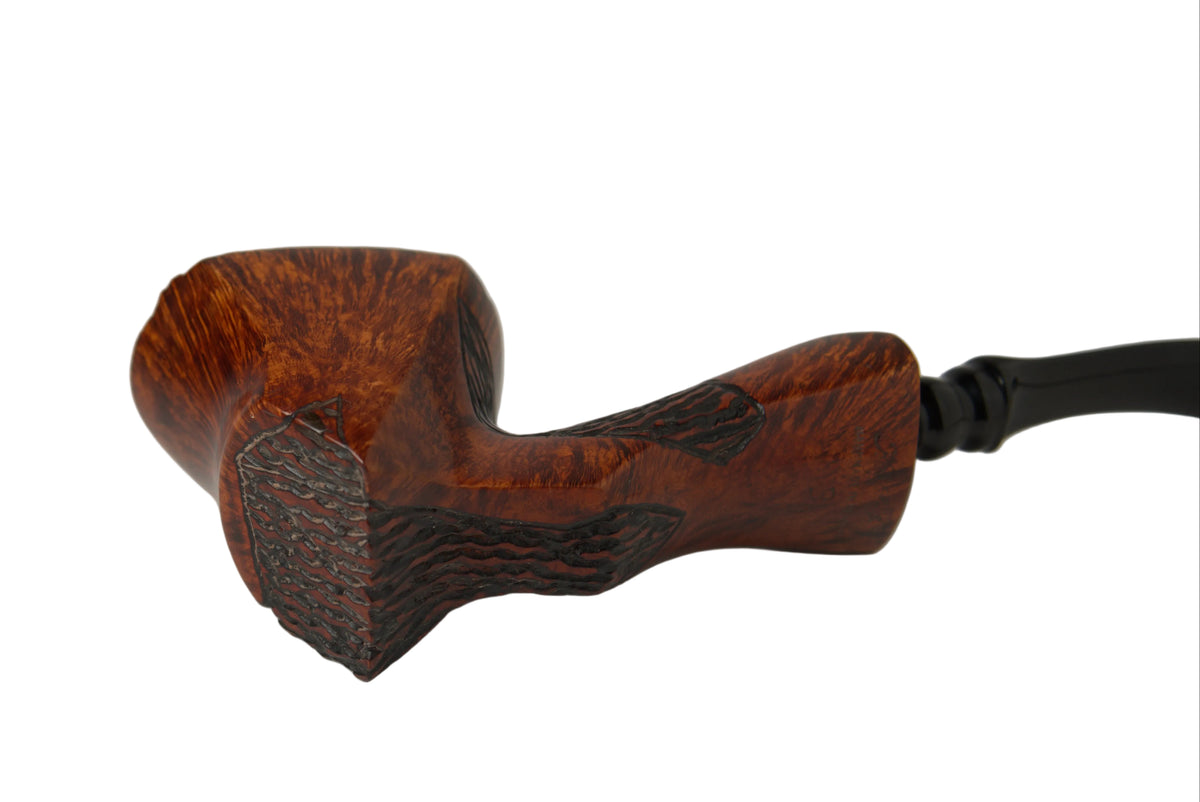 A single carved wooden smoking pipe with a dark brown and reddish-brown figured wood finish and a black stem, photographed on a clean light gray studio background.