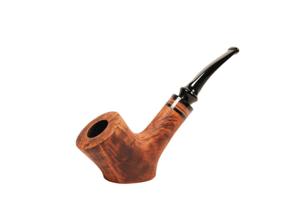 A classic smoking pipe made of polished brown wood with a glossy black stem, photographed on a clean white background.