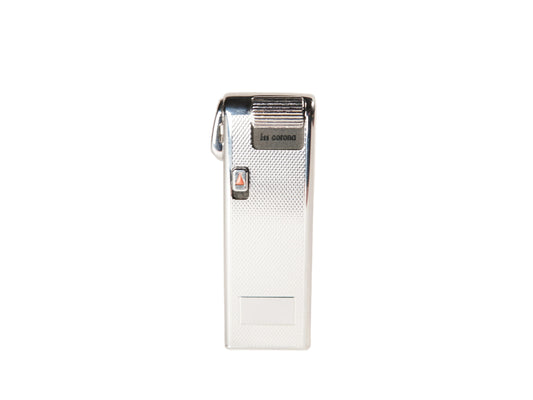 A vintage silver metallic electric shaver standing upright on a plain white background.