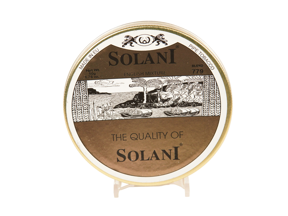 A round tin of Solani English Mixture Pipe Tobacco 774 on a small clear display stand against a plain white background.