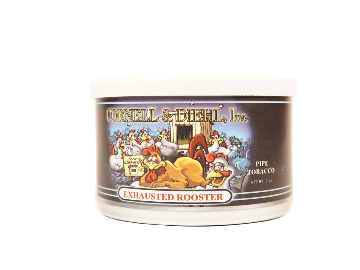A jar of Cornell & Diehl, Inc. Exhausted Rooster Pipe Tobacco, featuring a colorful cartoon label on a white background.