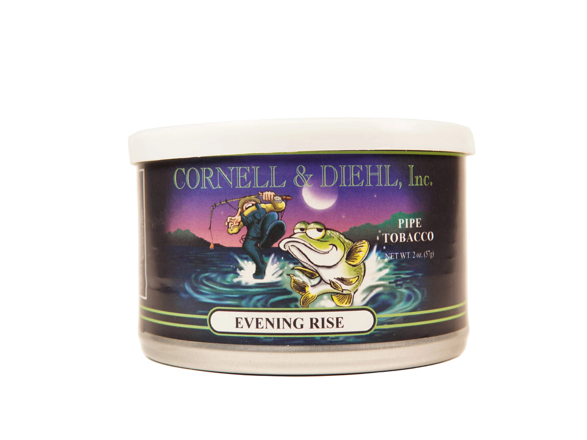 Cornell & Diehl, Inc. Pipe Tobacco 'Evening Rise' wax melt jar, featuring a cartoon illustration of a fisherman and a frog on the label, set against a plain white background.