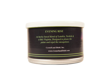 Cornell and Diehl Evening Rise burley candle in a round white-lidded tin with a black label, photographed against a plain off-white background.
