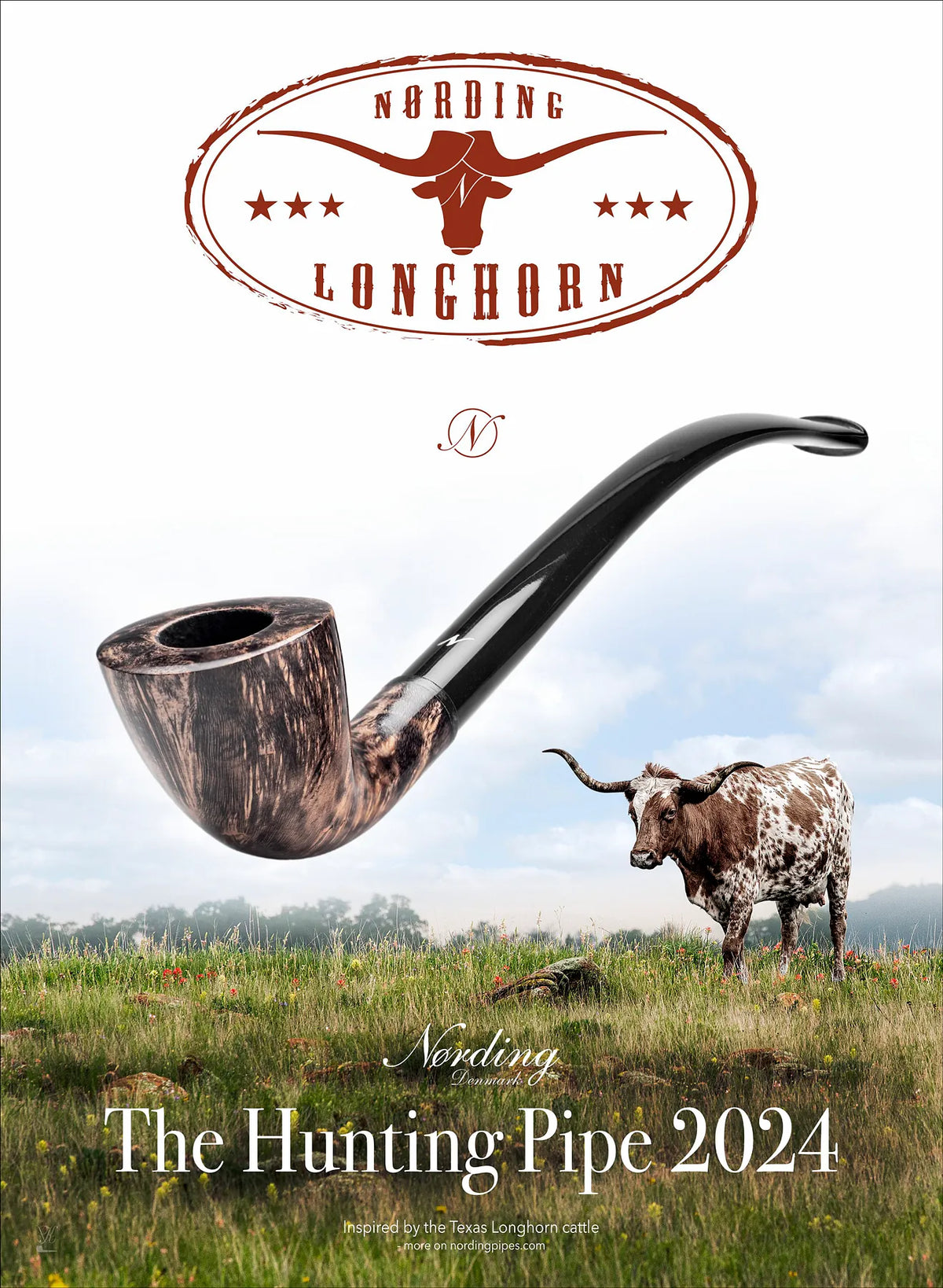 Promotional graphic for the Nording Longhorn 'The Hunting Pipe 2024' featuring a large floating smoking pipe with a woodgrain pattern and a glossy black stem, set against a background of a Texas longhorn steer in a grassy field under a cloudy sky. The Nording Longhorn logo is displayed at the top.