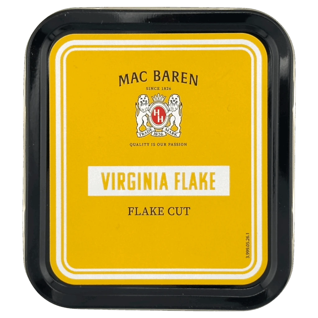 A square black metal tin of Mac Baren Virginia Flake Flake Cut, featuring a bright yellow label with the brand logo and product name.