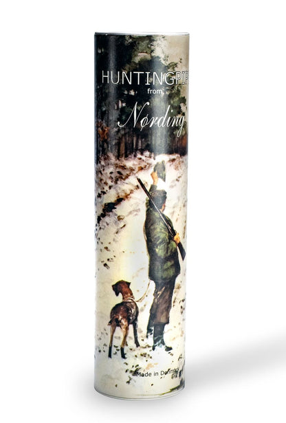 A tall cylindrical product package with printed artwork showing a hunter and dog in a snowy outdoor scene. The package has visible text including 'HUNTING' and 'Merdiny' and is photographed on a clean white background with a soft shadow.